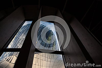 Cite du Vin main tower seen from the inside during a sunny afternoon. Cite du Vin wine city is the wine museum of Bordeaux Editorial Stock Photo