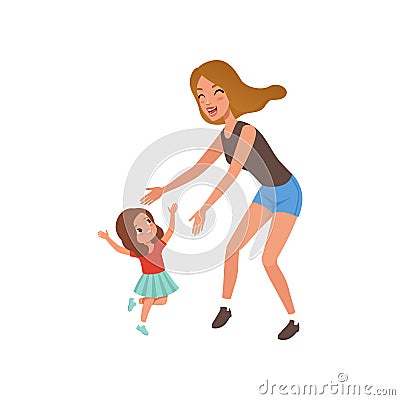Cite smiling girl running towards her mother, happy mom and her daughter vector Illustration Vector Illustration