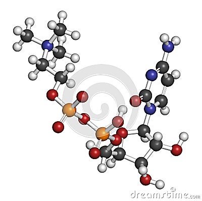 Citicoline CDP-choline molecule. 3D rendering. Atoms are represented as spheres with conventional color coding: hydrogen white. Stock Photo