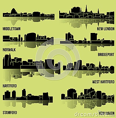 8 Cities in Connecticut (Hartford, New London, New Haven, West Hartford, Middletown, Stamford, Bridgeport, Norwalk ) Vector Illustration
