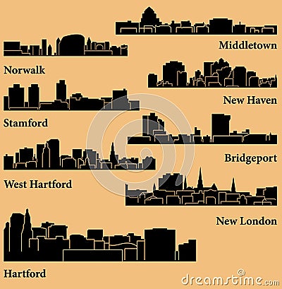 8 Cities in Connecticut (Hartford, New London, New Haven, West Hartford, Middletown, Stamford, Bridgeport, Norwalk ) Vector Illustration