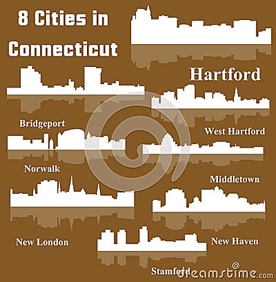 8 Cities in Connecticut (Hartford, New London, New Haven, West Hartford, Middletown, Stamford, Bridgeport, Norwalk ) Vector Illustration