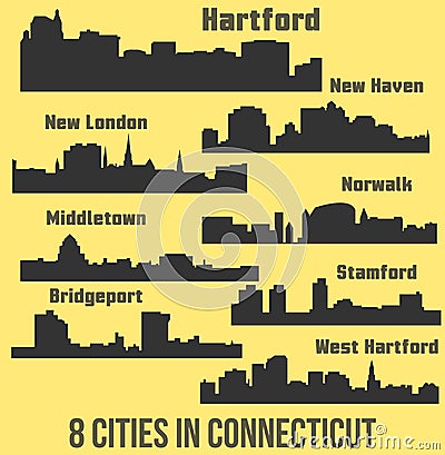 8 Cities in Connecticut (Hartford, New London, New Haven, West Hartford, Middletown, Stamford, Bridgeport, Norwalk ) Vector Illustration