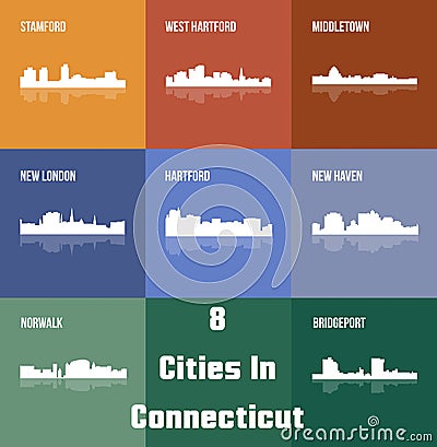 8 Cities in Connecticut (Hartford, New London, New Haven, West Hartford, Middletown, Stamford, Bridgeport, Norwalk ) Vector Illustration