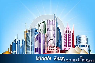 Cities and Famous Buildings in Middle East Vector Illustration