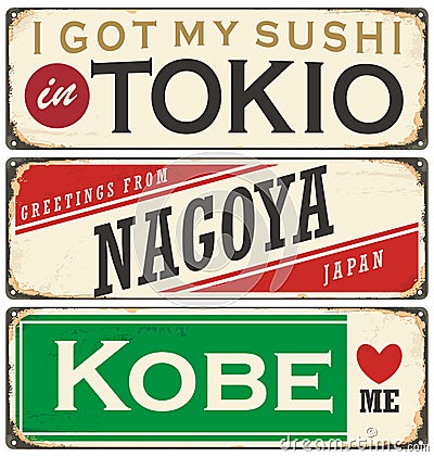 Cities in Japan retro tin signs collection Vector Illustration