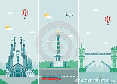 Cities skylines design with landmarks. London, Berlin and Barcelona cities skylines design with landmarks. Vector Vector Illustration