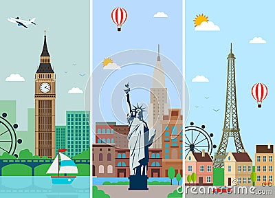 Cities skylines design with landmarks. London, Paris and New York cities skylines design with landmarks. Vector Cartoon Illustration