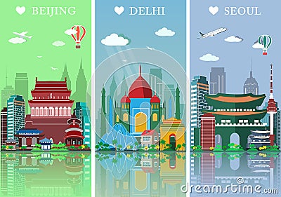 Cities skylines set. Flat landscapes vector illustration. Beijing, Delhi and Seoul cities skylines design with landmarks Vector Illustration