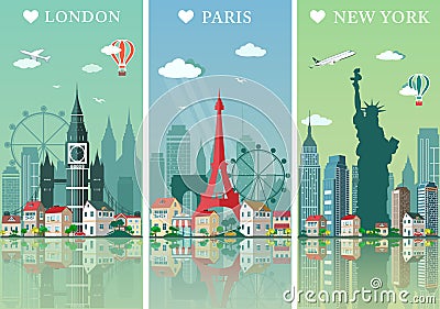 Cities skylines set. Flat landscapes vector illustration. London, Paris and New York cities skylines design with landmarks Vector Illustration