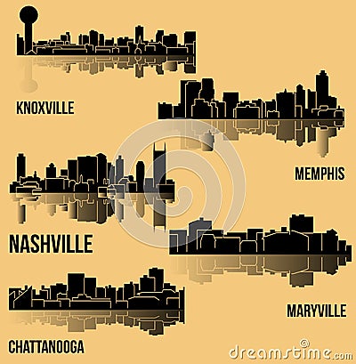 5 Cities in Tennessee (Nashville, Knoxville, Memphis, Chattanooga, Maryville) Vector Illustration