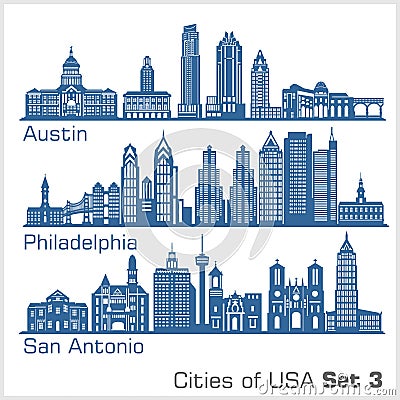 Cities of USA - Austin, Philadelphia, San Antonio. Detailed architecture. Trendy vector illustration. Vector Illustration