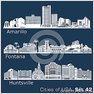 Cities of USA - Fontana, Amarillo, Huntsville. Detailed architecture. Trendy vector illustration. Vector Illustration