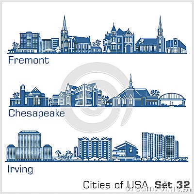 Cities of USA - Fremont, Chesapeake, Irving. Detailed architecture. Trendy vector illustration. Vector Illustration