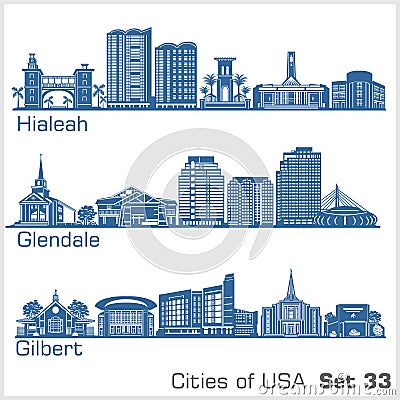 Cities of USA - Hialeah, Glendale, Gilbert. Detailed architecture. Trendy vector illustration. Vector Illustration