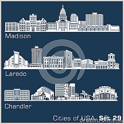 Cities of USA - Madison, Laredo, Chandler. Detailed architecture. Trendy vector illustration. Vector Illustration