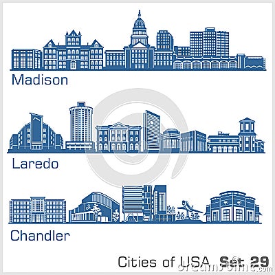 Cities of USA - Madison, Laredo, Chandler. Detailed architecture. Trendy vector illustration. Vector Illustration