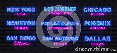 Cities in USA neon signs set. New York, Los Angeles, Chicago, Houston, Phoenix collection light signs. Sign boards Vector Illustration