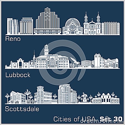 Cities of USA - Reno, Lubbock, Scottsdale. Detailed architecture. Trendy vector illustration. Vector Illustration