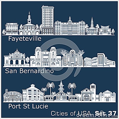 Cities of USA - San Bernardino, Fayetville, Port St. Lucie. Detailed architecture. Trendy vector illustration. Vector Illustration