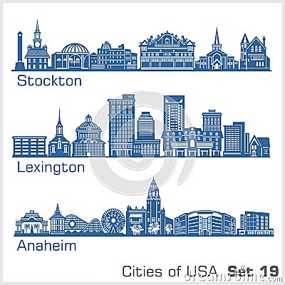 Cities of USA - Stockton, Lexington, Anaheim. Detailed architecture. Trendy vector illustration. Vector Illustration