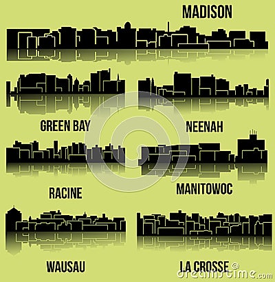 7 Cities in Wisconsin ( Madison, Wausau, La Crosse, Neenah, Green Bay, Racine, Manitowoc ) Vector Illustration