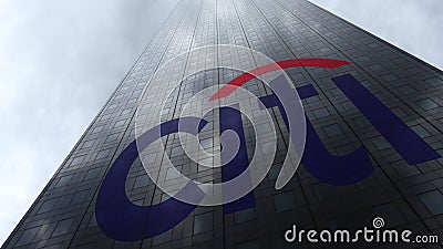 Citigroup logo on a skyscraper facade reflecting clouds. Editorial 3D rendering Editorial Stock Photo
