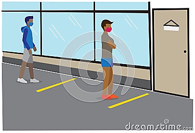 Citizen waiting outside store, practising social distancing Vector Illustration