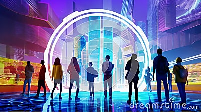 Citizens in the future and sphere of modern skyscrapers. Concept of metaverse, time traveling, cyber world or futuristic people Stock Photo