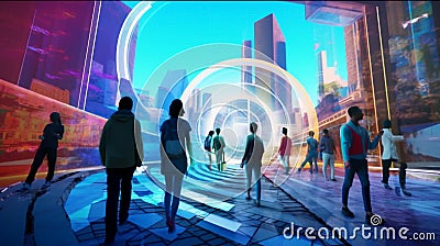 Citizens in the future and sphere of modern skyscrapers. Concept of metaverse, time traveling, cyber world or futuristic people Stock Photo