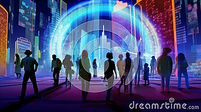 Citizens in the future and sphere of modern skyscrapers. Concept of metaverse, time traveling, cyber world or futuristic people Stock Photo