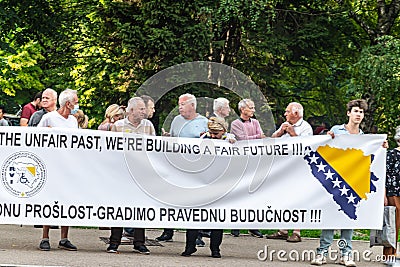 Citizens are protesting with a big poster against the amendment of the electoral law in Sarajevo Editorial Stock Photo