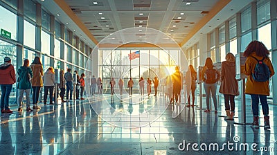 Citizens Queueing at Polling Station with American Flag Stock Photo