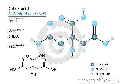 Citric acid. AHA Alphahydroxy acid. Structural chemical formula and molecule 3d model. Atoms with color coding. Vector Vector Illustration