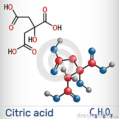 Citric acid molecule, alpha hydroxy acid, AHA. Is used as additive in food, cleaning agents, nutritional supplements Vector Illustration