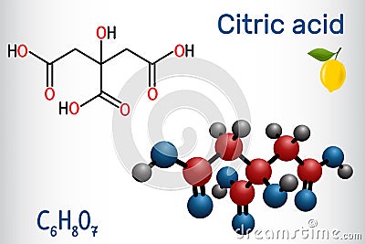 Citric acid molecule, is found in citrus fruits, lemons and limes. Is used as additive in food, cleaning agents, nutritional Vector Illustration