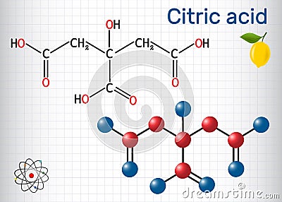 Citric acid molecule, is found in citrus fruits, lemons and limes. Is used as additive in food, cleaning agents, nutritional Vector Illustration