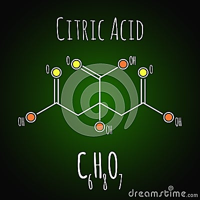 Citric acid structural skeletal chemical formula on dark background Vector Illustration