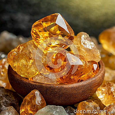 Rough citrine crystal stones in a wooden bowl, on a layer of citrine stones, close-up image Stock Photo