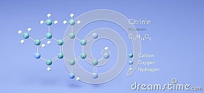 citrinin molecule, molecular structures, mycotoxin, 3d model, Structural Chemical Formula and Atoms with Color Coding Stock Photo