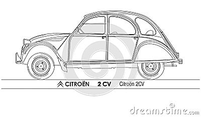 Citroen 2CV vintage car, France, outlined illustration Vector Illustration