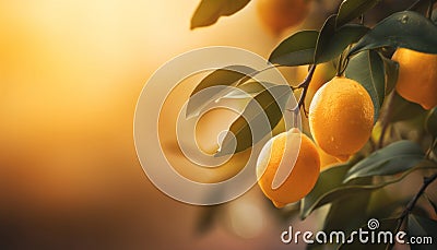 Citrus branches with organic ripe yellow lemons growing on branches with green leaves in fruiting garden Stock Photo