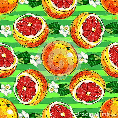 Citrus bright repeat background, grapefruit and half grapefruit seamless pattern. Grapefruits on a striped green Vector Illustration