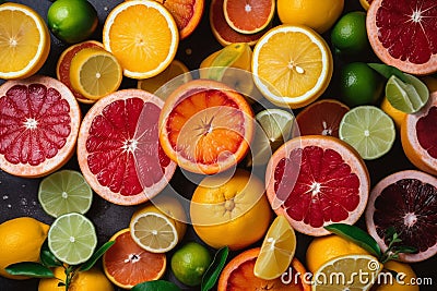 Citrus colorful fruits background mix flat lay, summer healthy vegetarian vitamin food Stock Photo