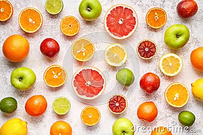 Citrus colorful fruits background mix flat lay, summer healthy vegetarian vitamin food Stock Photo