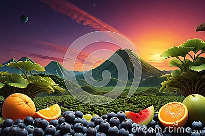 Citrus Cosmos: Fruit-Structured Planet with Oranges as Landmasses, Banana Crescents as Mountain Ranges, Lush Kiwi Jungles Stock Photo