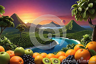 Citrus Cosmos: Fruit-Structured Planet with Oranges as Landmasses, Banana Crescents as Mountain Ranges, Lush Kiwi Jungles Stock Photo