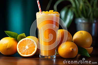 Citrus delight A glass of orange juice, blue straw, and a mound of oranges Stock Photo