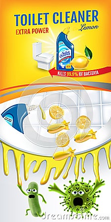 Citrus fragrance toilet cleaner ads. Cleaner bobs kill germs inside toilet bowl. Vector realistic illustration. Vertical banner. Vector Illustration