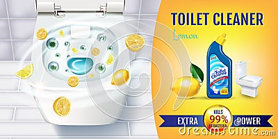 Citrus fragrance toilet cleaner gel ads. Vector realistic Illustration with top view of toilet bowl and disinfectant container. Vector Illustration